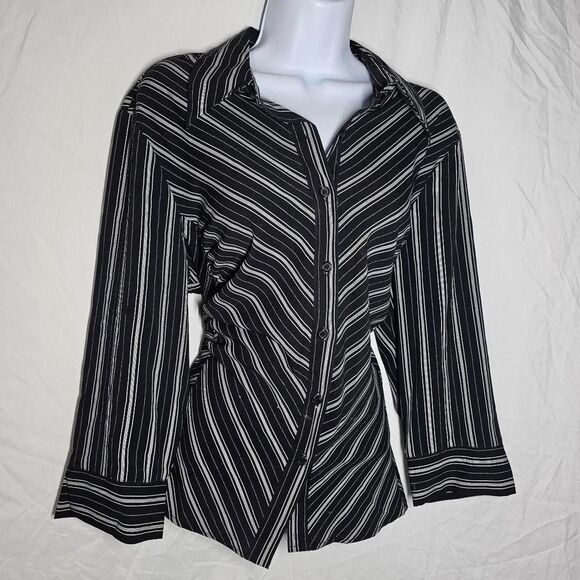 Vintage y2k office siren corporate goth pinstripe 3/4 sleeve top - Picture 1 of 4
